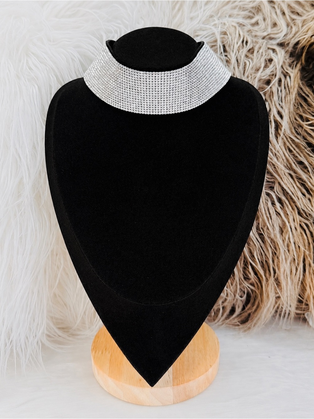 Vintage Wide Silver Tone Rhinestone Choker Collar Statement Necklace